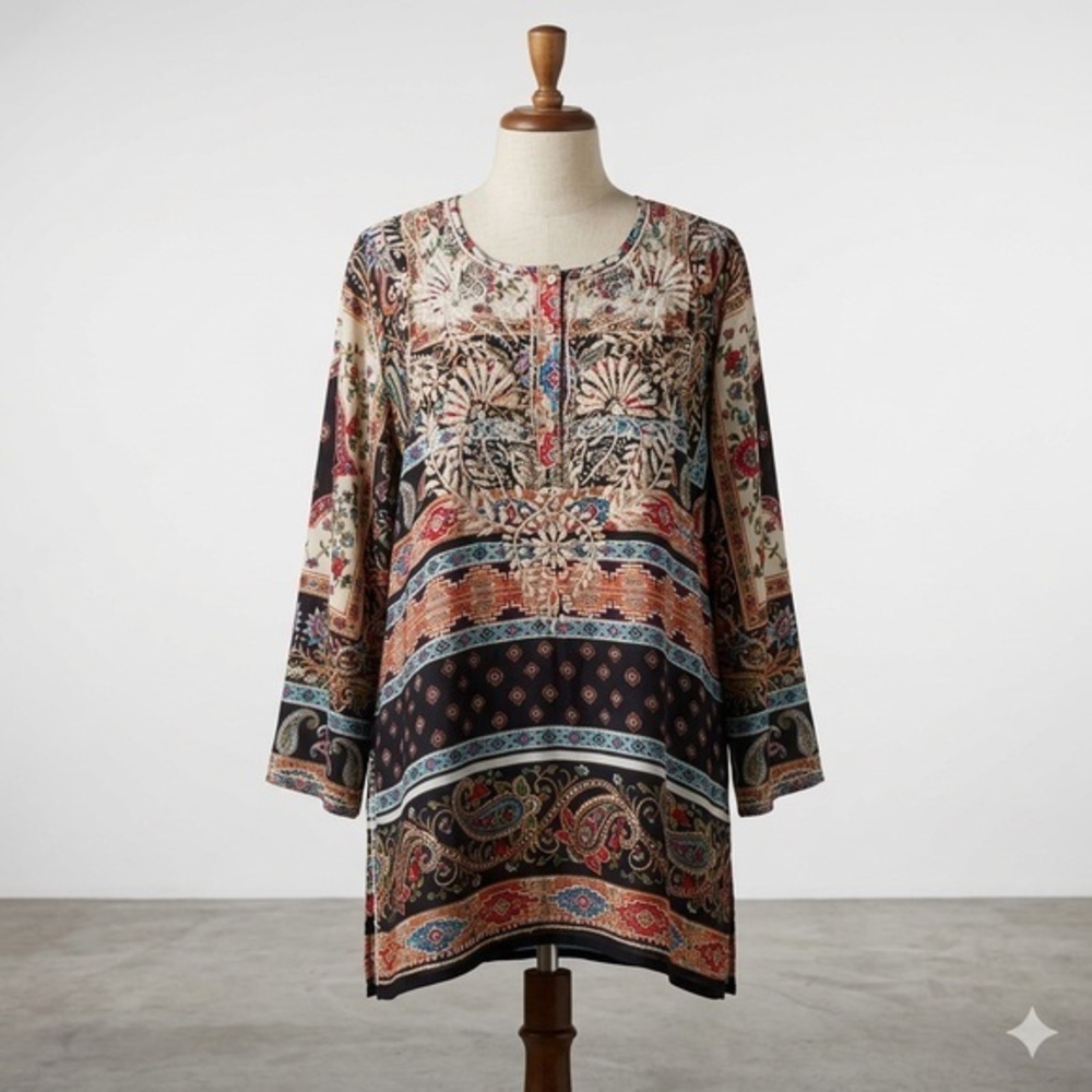 KAREN SEO Silk Embroidered Tunic, Size Large.